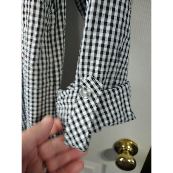 Quacker Factory Woman XXS Shirt Black White Checked Rhinestone Seer Sucker Long - Picture 5 of 9